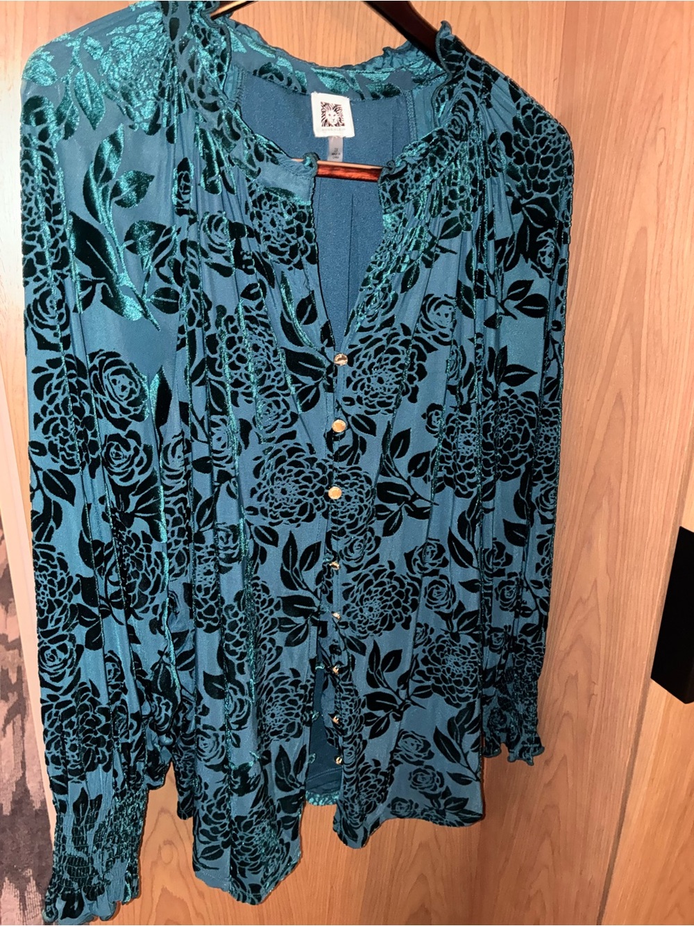 Ann Klein Teal Floral Velvet Burnout Button-Front Women's Top 2x